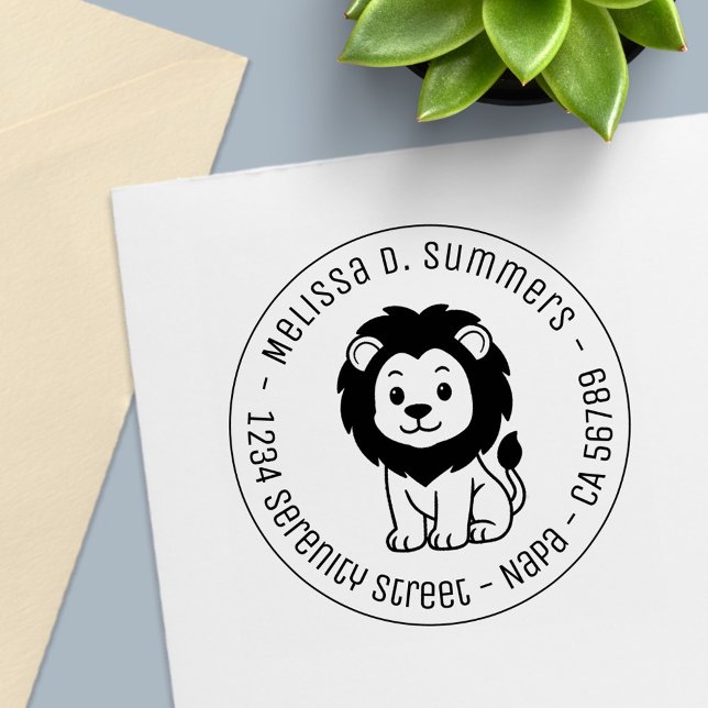 Cute Cartoon Lion Round Address Självfärgande Stämpel (Skapare uppladdad)