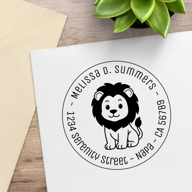 Cute Cartoon Lion Round Address Stämpel (Skapare uppladdad)