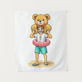 Cute Cartoon Man with Giant Teddy Bear Summer Fun