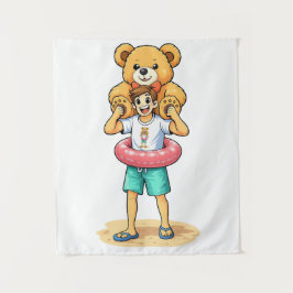 Cute Cartoon Man with Giant Teddy Bear Summer Fun
