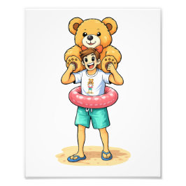 Cute Cartoon Man with Giant Teddy Bear Summer Fun Fototryck