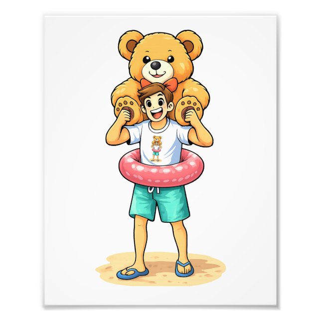 Cute Cartoon Man with Giant Teddy Bear Summer Fun Fototryck (Framsidan)
