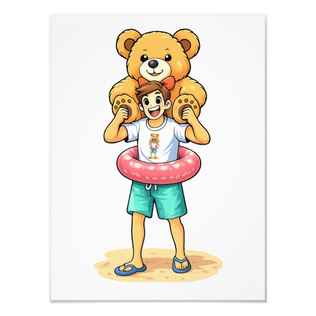 Cute Cartoon Man with Giant Teddy Bear Summer Fun Fototryck (Framsidan)