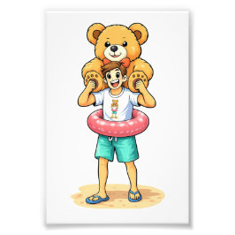 Cute Cartoon Man with Giant Teddy Bear Summer Fun Fototryck