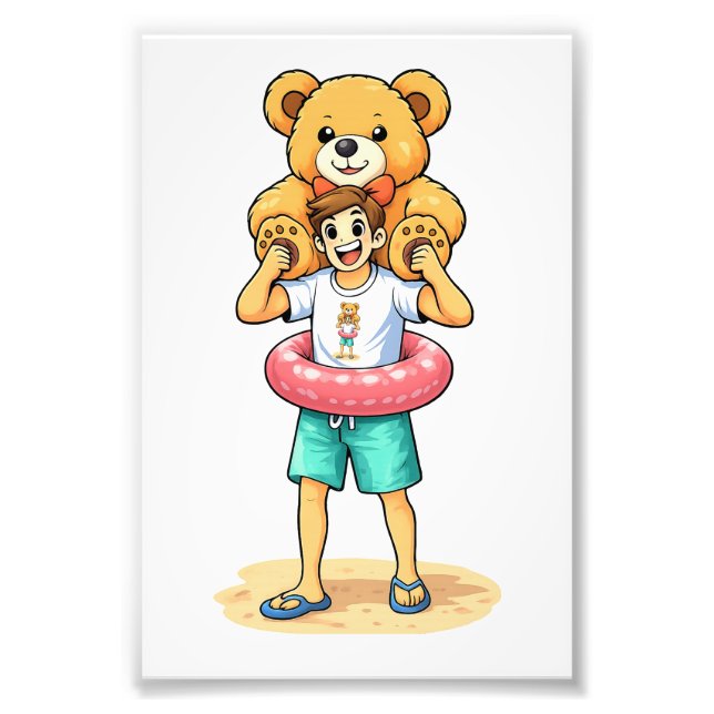 Cute Cartoon Man with Giant Teddy Bear Summer Fun Fototryck (Framsidan)