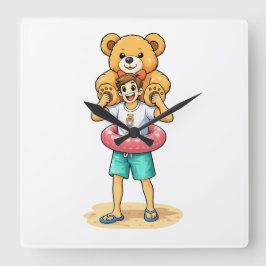 Cute Cartoon Man with Giant Teddy Bear Summer Fun Fyrkantig Klocka