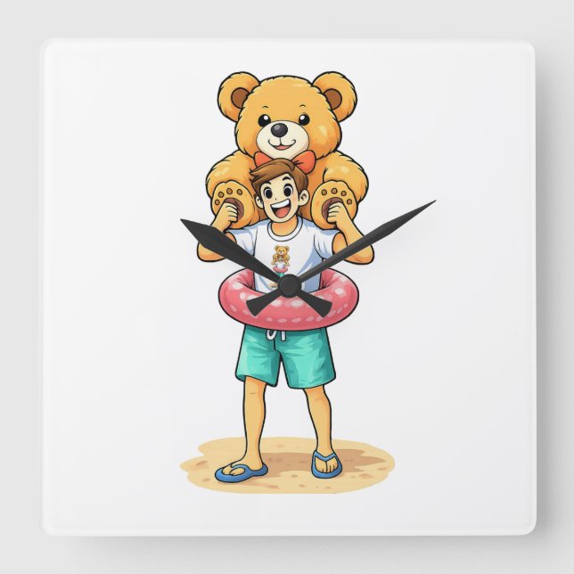 Cute Cartoon Man with Giant Teddy Bear Summer Fun Fyrkantig Klocka (Framsida)