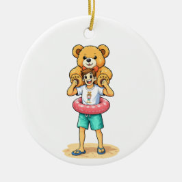 Cute Cartoon Man with Giant Teddy Bear Summer Fun Julgransprydnad Keramik