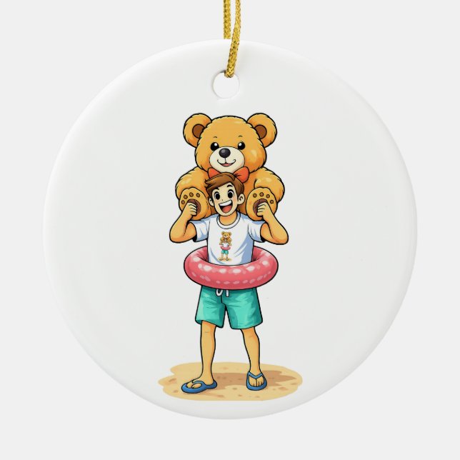 Cute Cartoon Man with Giant Teddy Bear Summer Fun Julgransprydnad Keramik (Framsidan)