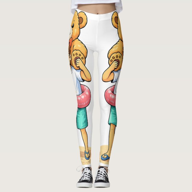 Cute Cartoon Man with Giant Teddy Bear Summer Fun Leggings (Framsida)