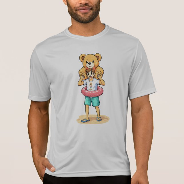 Cute Cartoon Man with Giant Teddy Bear Summer Fun T Shirt (Framsida)