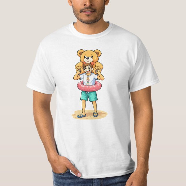 Cute Cartoon Man with Giant Teddy Bear Summer Fun T Shirt (Framsida)