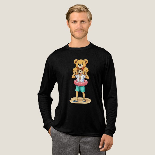 Cute Cartoon Man with Giant Teddy Bear Summer Fun T Shirt (Hel framsida)