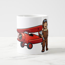 Cute Cartoon Mechanic with Red Car Illustration Jumbo Mugg