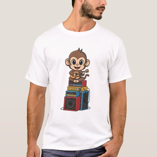 Cute Cartoon Monkey Musician Playing Ukulele T Shirt (Framsida)