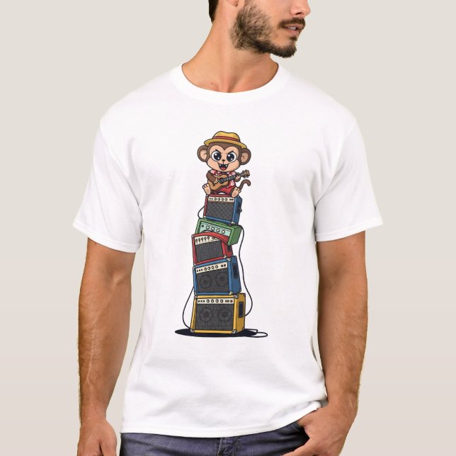 Cute Cartoon Monkey Rocker Playing Ukulele T Shirt (Framsida)