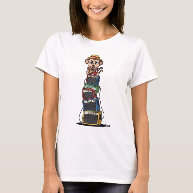 Cute Cartoon Monkey Rocker Playing Ukulele T Shirt (Framsida)