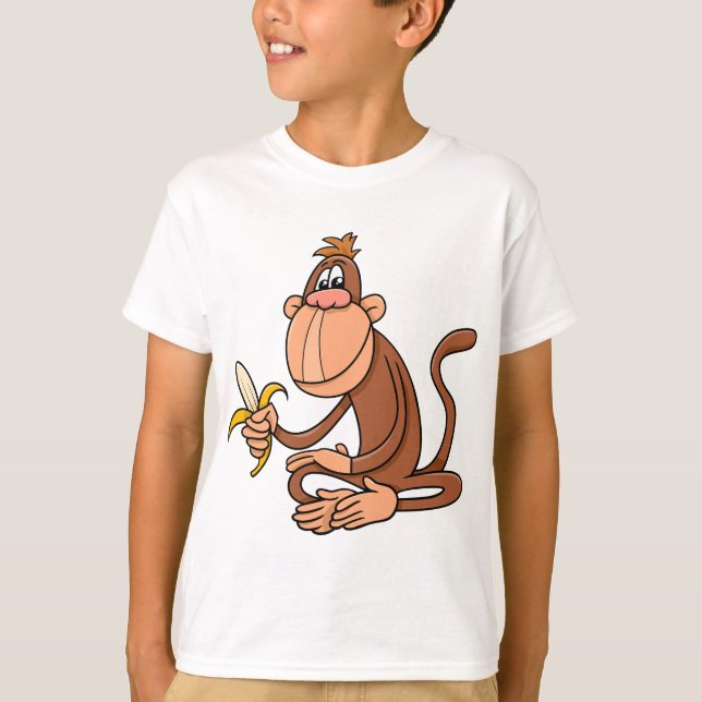 Cute Cartoon Monkey with Banana Funny Animal T Shirt (Framsida)