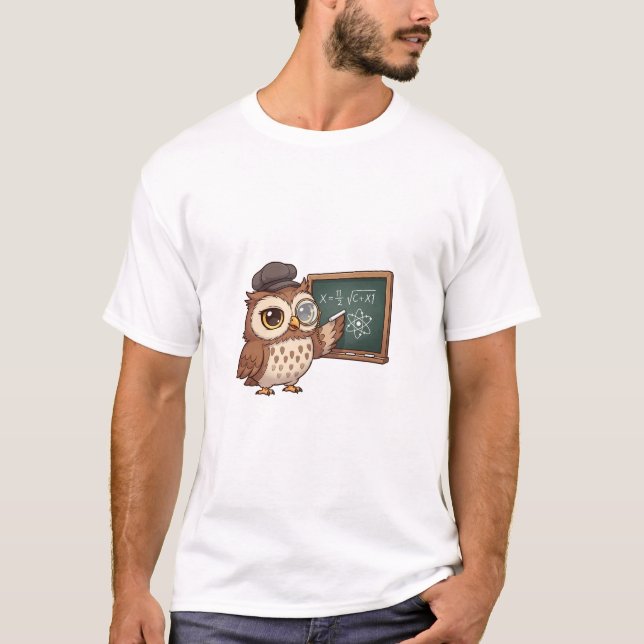 Cute Cartoon Owl Professor Wearing Monocle T Shirt (Framsida)