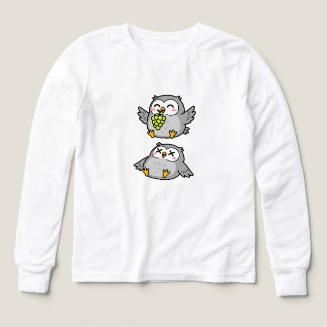 Cute Cartoon Owls Eating Grapes Funny Gray Owl T Shirt (Design framsida)