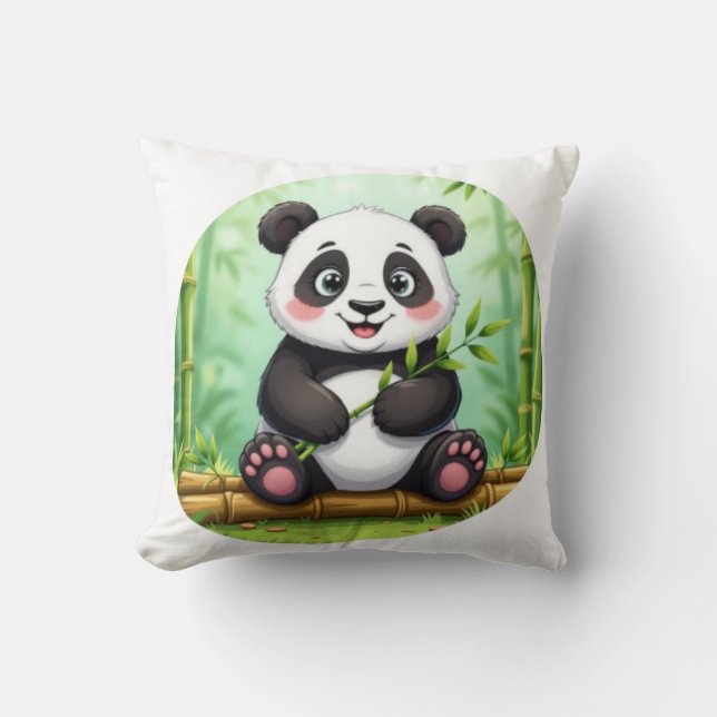 Cute Cartoon Panda on Bamboo Patch Kudde (Framsida)