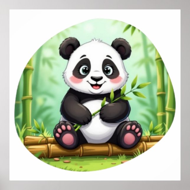 Cute Cartoon Panda on Bamboo Patch Poster (Framsidan)