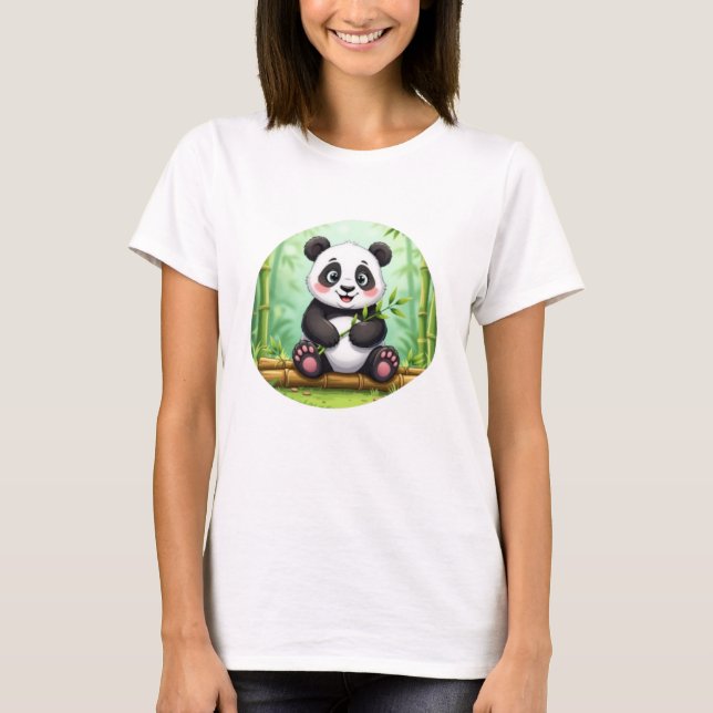 Cute Cartoon Panda on Bamboo Patch T Shirt (Framsida)
