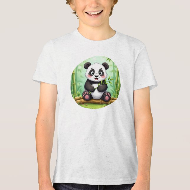Cute Cartoon Panda on Bamboo Patch T Shirt (Framsida)
