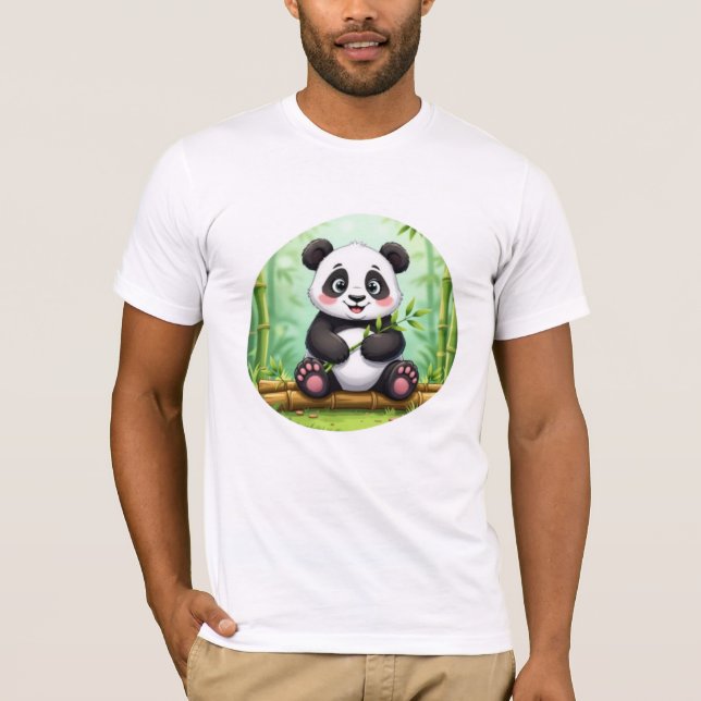 Cute Cartoon Panda on Bamboo Patch T Shirt (Framsida)