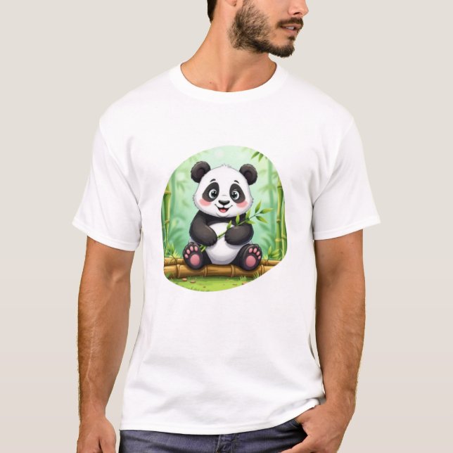 Cute Cartoon Panda on Bamboo Patch T Shirt (Framsida)