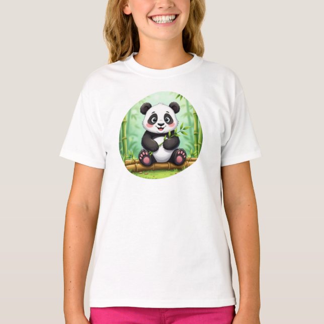 Cute Cartoon Panda on Bamboo Patch T Shirt (Framsida)