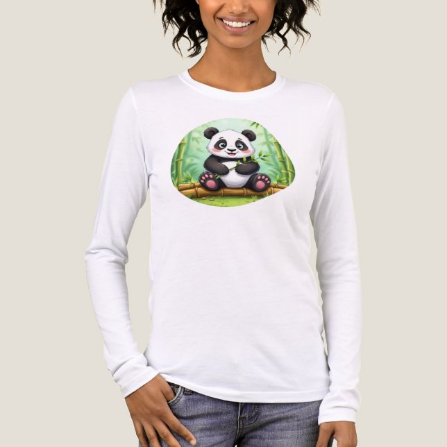 Cute Cartoon Panda on Bamboo Patch T Shirt (Framsida)
