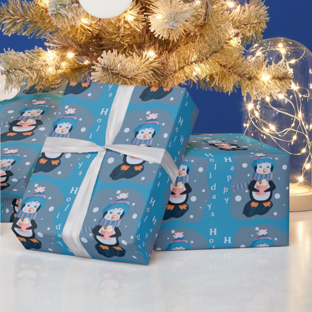 Cute Cartoon Penguin Blue Holidays Wrapping Paper Presentpapper (Helgdagar)