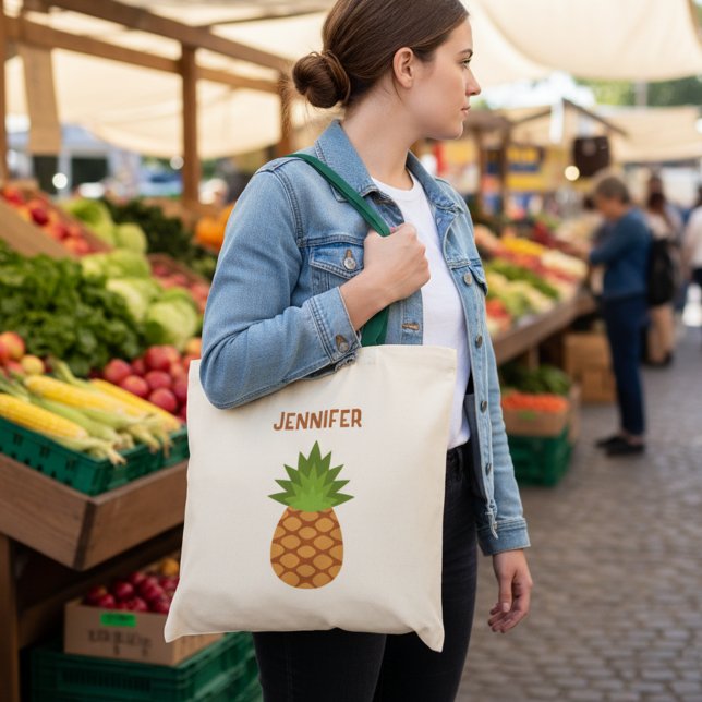 Cute Cartoon Pineapple Tote with Name Tygkasse (Personalized pineapple reusable grocery bag.)