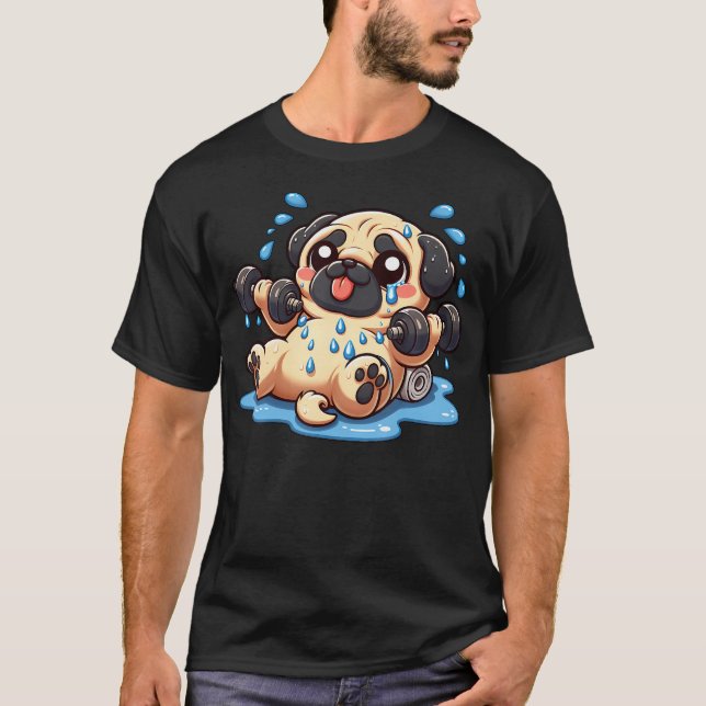Cute Cartoon Pug Weightlifting Weights Gym T Shirt (Framsida)