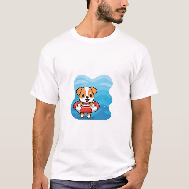 Cute Cartoon Puppy Floating in Lifebuoy T Shirt (Framsida)