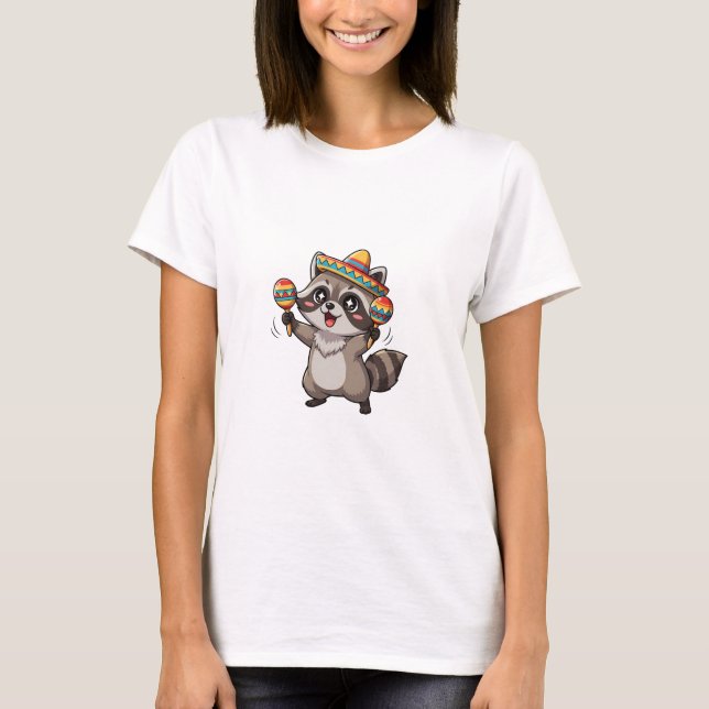 Cute Cartoon Raccoon Playing Maracas with Sombrero T Shirt (Framsida)