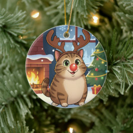 Cute Cartoon Reindeer Kitty Rudolph Cat Christmas Julgransprydnad Keramik
