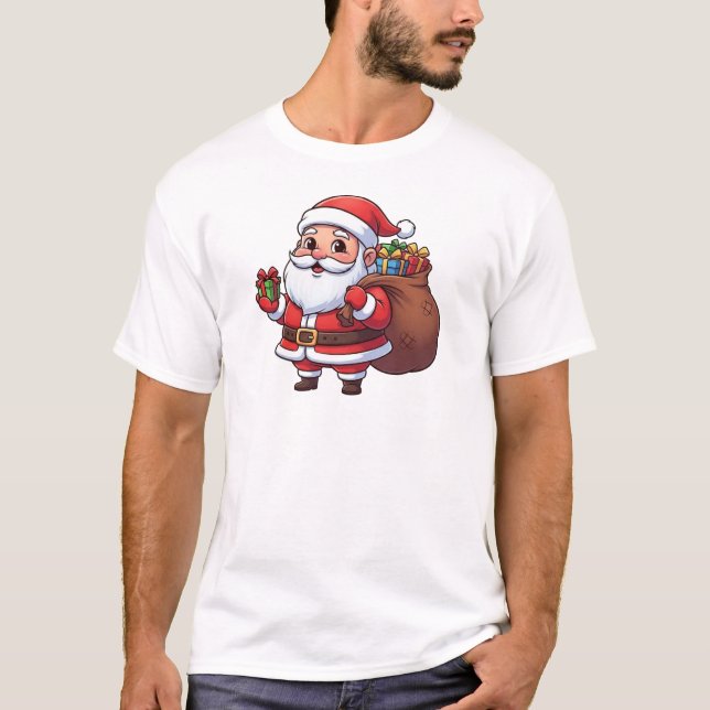 Cute Cartoon Santa Claus Holding Gift with Sack   T Shirt (Framsida)