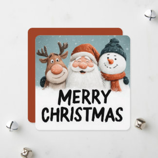 Cute Cartoon Santa Reindeer Snowman Merry Xmas Julkort