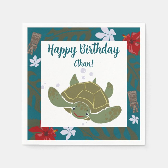 Cute Cartoon Sea Turtle Birthday Paper Napkin Pappersservett (Framsidan)