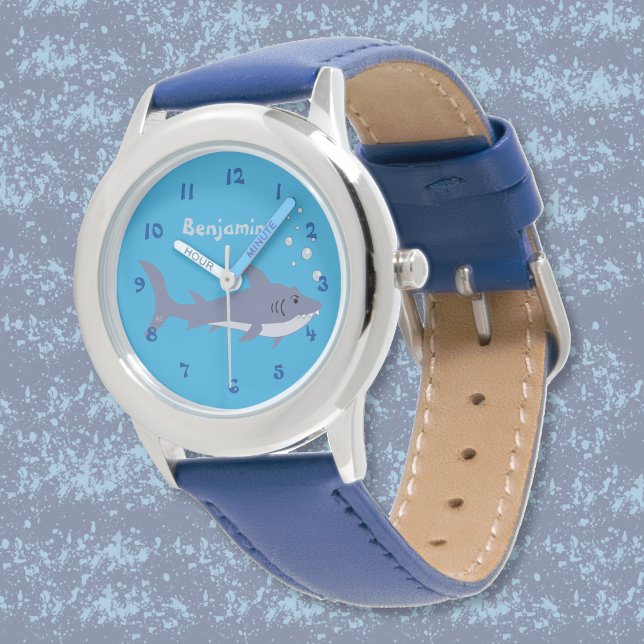 Cute Cartoon Shark Kid Blue Beginner Watch Armbandsur (Cute cartoon swimming shark kid watch with name . )