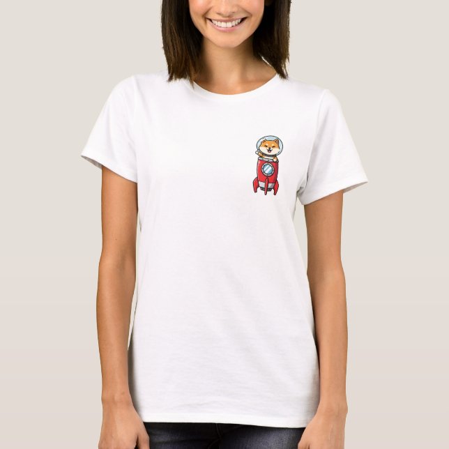 Cute Cartoon Shiba Inu Astronaut Riding Red Rocket T Shirt (Framsida)