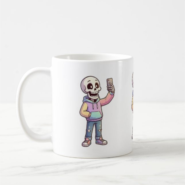 Cute Cartoon Skeleton Selfie - Full Body Trendy Ou Kaffemugg (Vänster)