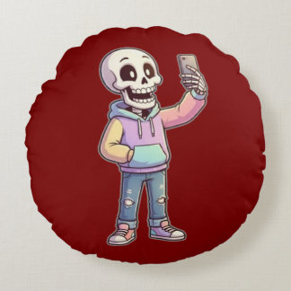 Cute Cartoon Skeleton Selfie - Full Body Trendy  Rund Kudde