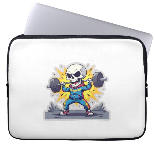 “Cute Cartoon Skeleton Weightlifter • Funny Gym Ba Laptop Fodral (Framsidan)