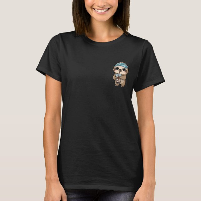 Cute Cartoon Sloth Drinking Iced Coffee T Shirt (Framsida)