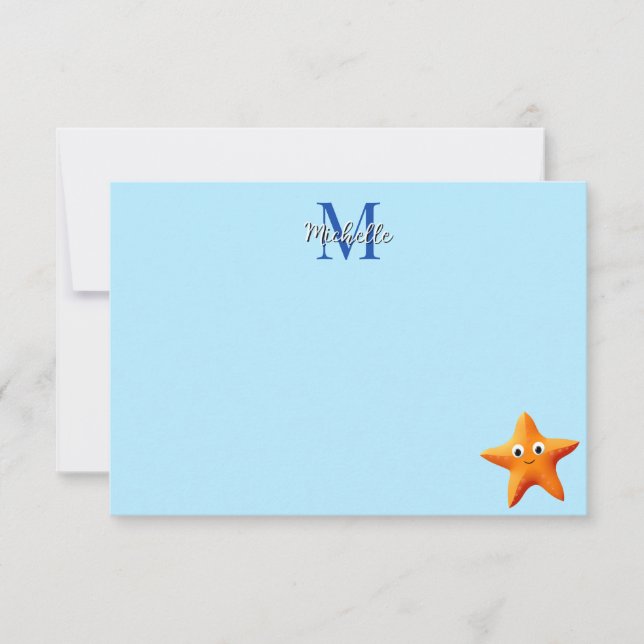 Cute Cartoon Starfish Blue Ocean Custom Monogram Anteckningskort (Framsida)