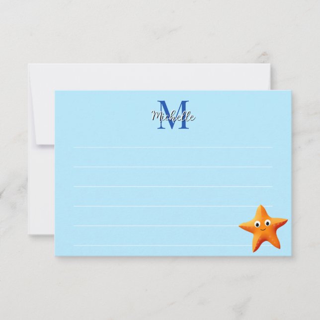 Cute Cartoon Starfish Blue Ocean Lined Monogram Anteckningskort (Framsida)