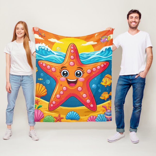 Cute Cartoon Starfish Smiling Underwater Fleecefilt (På plats)